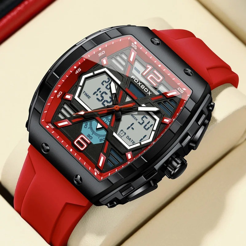 FOXBOX Red Slicon Luxury Mens Quartz Watch Sport  Waterproof Digital Luminous watch
