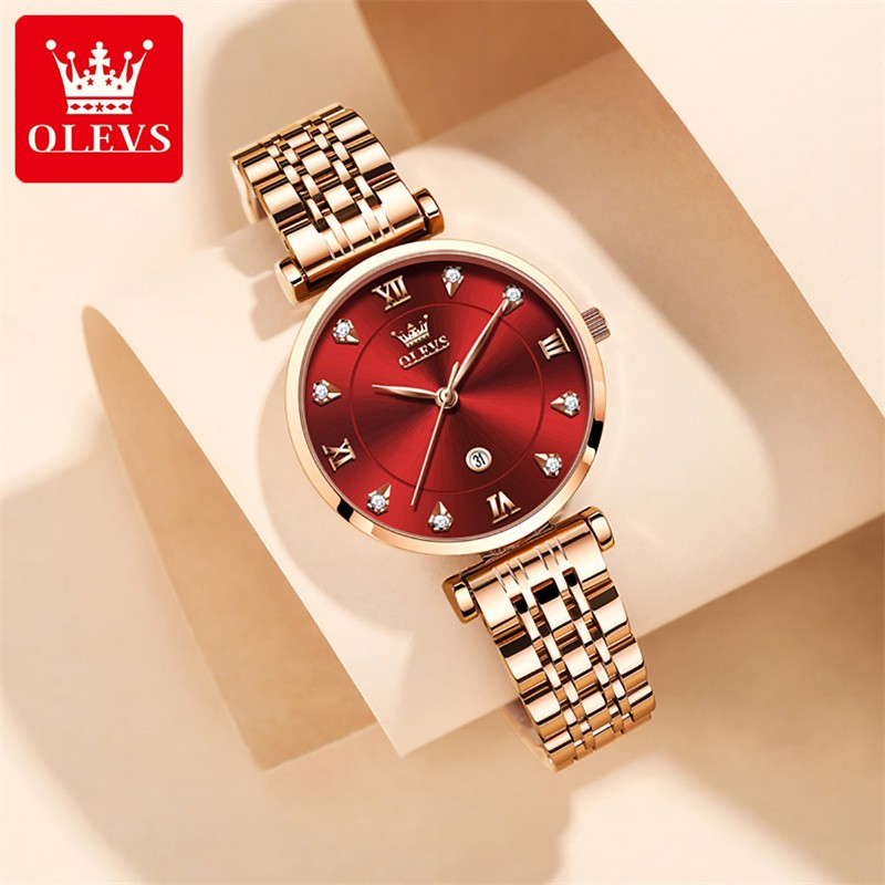 OLEVS Luxury Fashion Rose Gold Diamond Women Watches Wine Red Female Quartz Wrist Watch Ladies Reloj Mujer Relogio