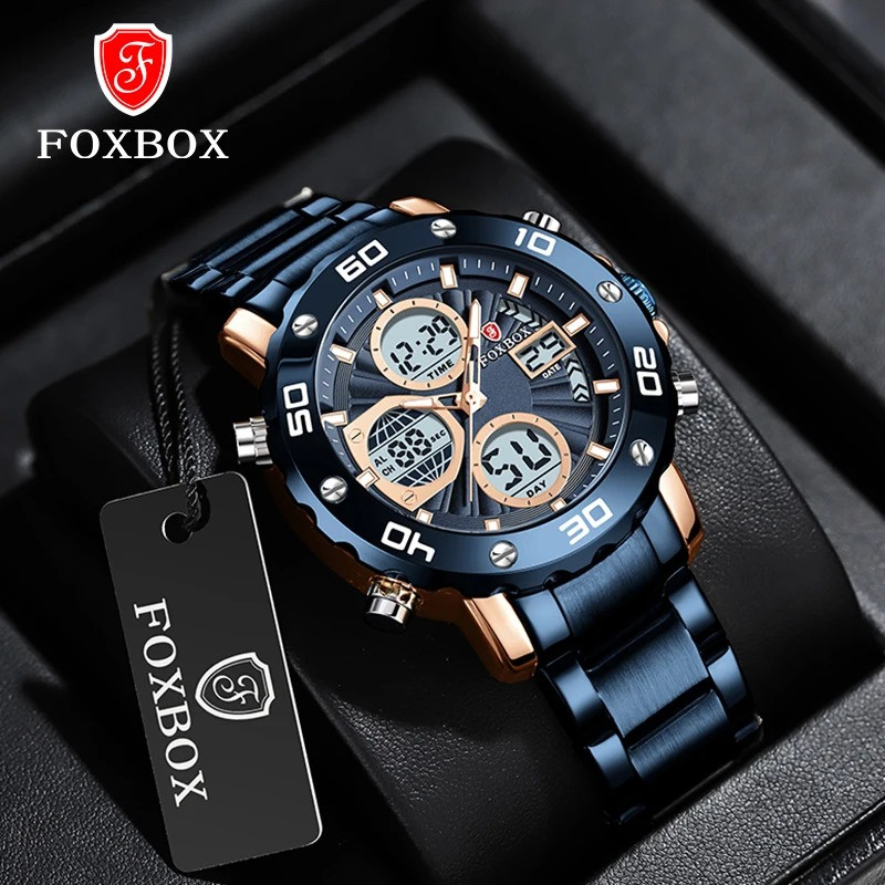 FOXBOX-2024 Digital Chronograph Men's Wrist Watch, Blue Sport Watches, Steel Strap, Waterproof Watch, Luxury Brand, Fashion