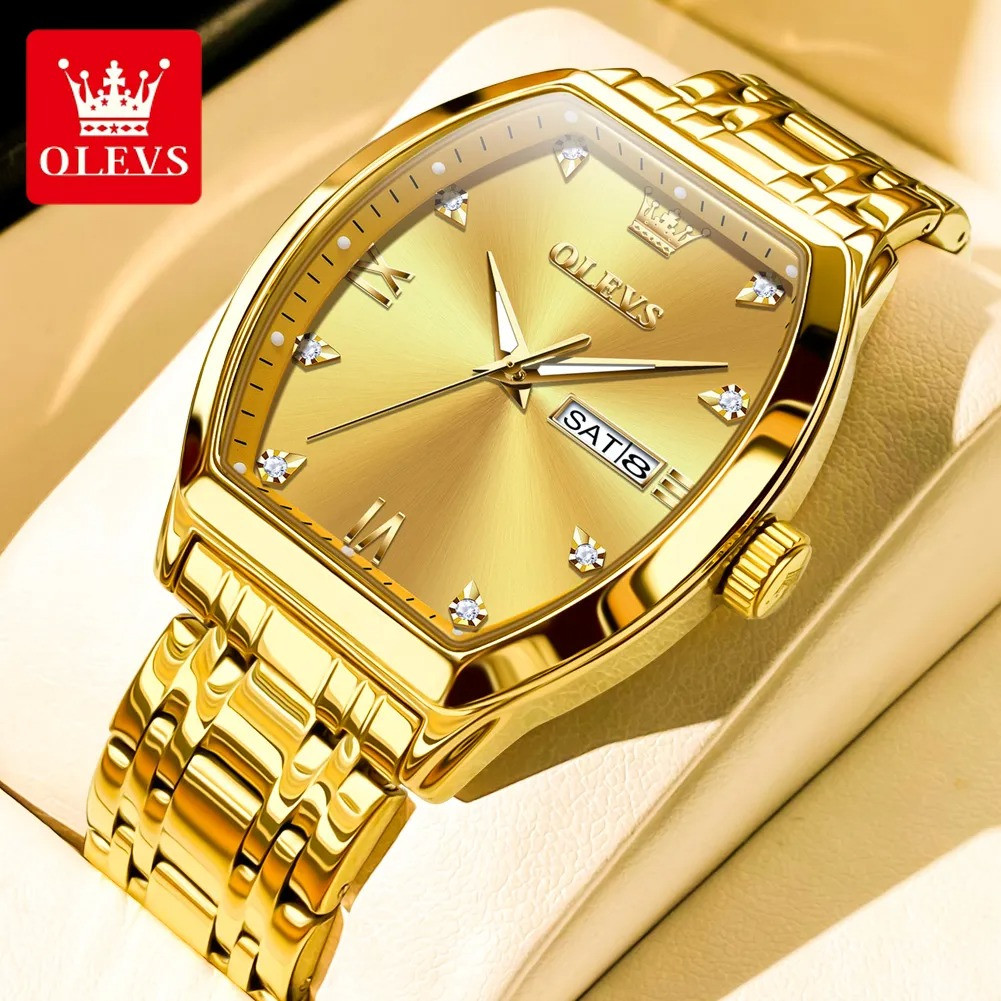 OLEVS 5528 Tonneau Watch for Men Luxury Diamond Business Stainless Steel Waterproof Luminous Gold Male Wristwatch