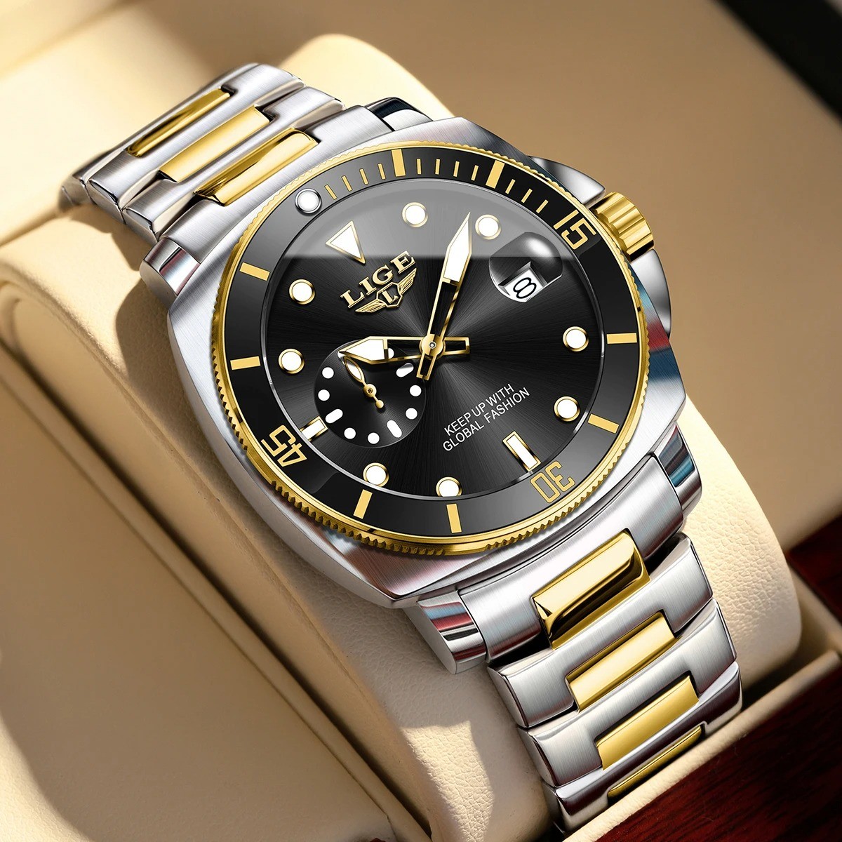 LIGE 89287 Black Luxury Men's Quartz Watch 30M Waterproof Luminous Stainless Steel Business Casual Wristwatch