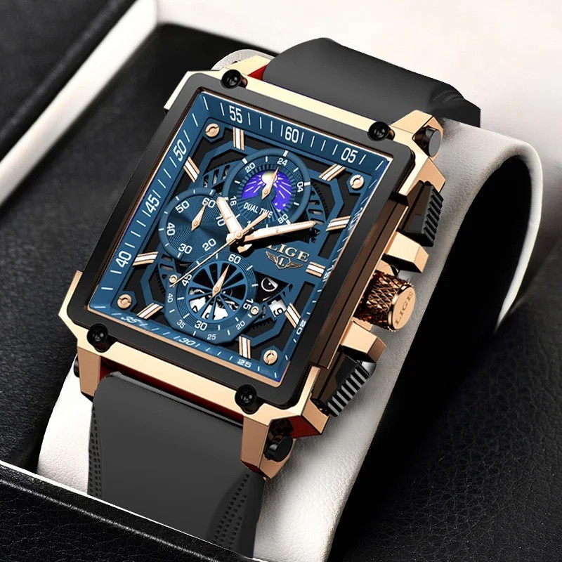 LIGE Mens Silicone Strap Waterproof  Watches Top Brand Luxury Hollow Square Sport Watch